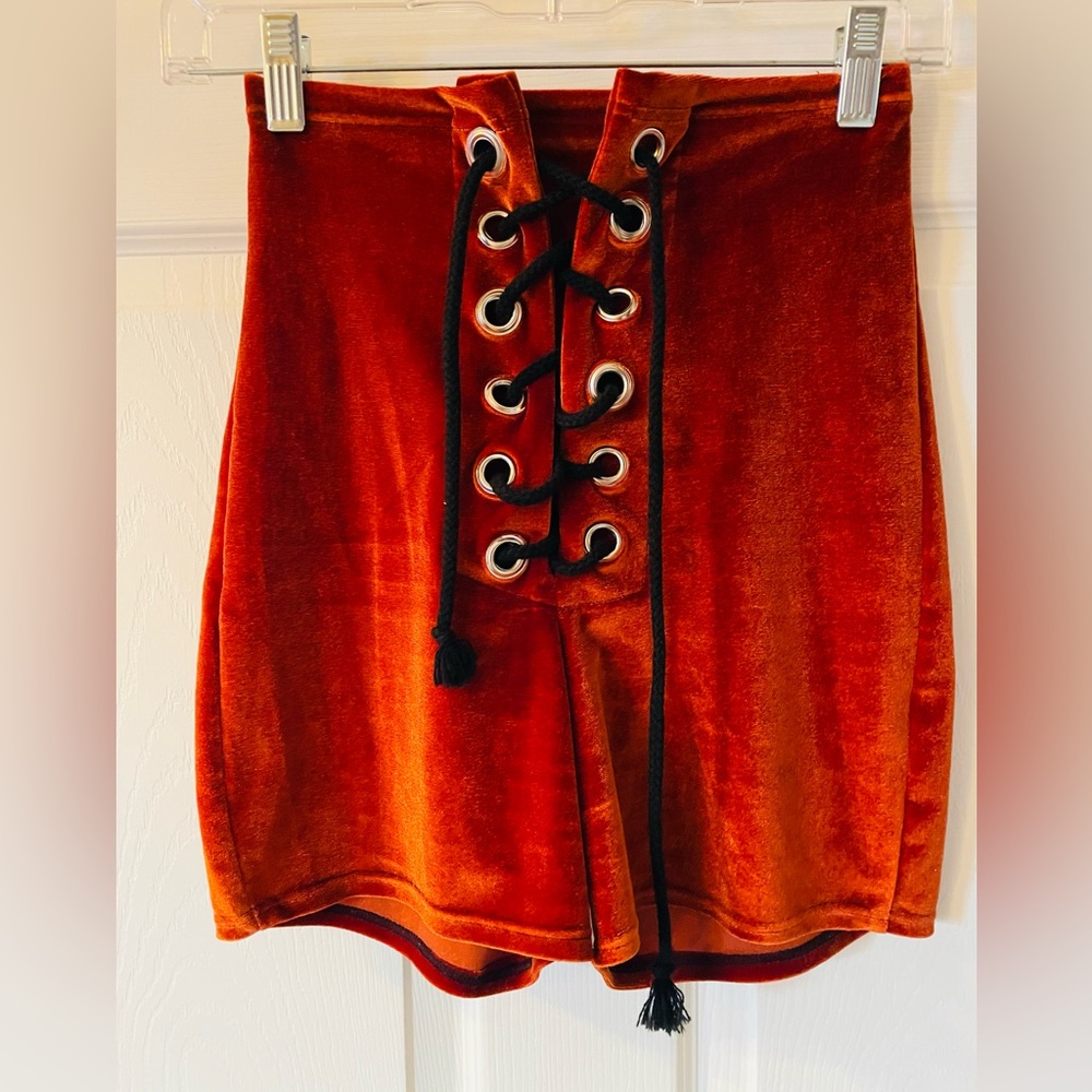 Velvet Lace-Up Mini Skirt in Vibrant Orange